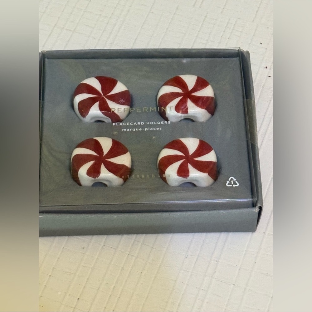 Pottery Barn figural peppermint place card holder set of 4 size 1” diameter